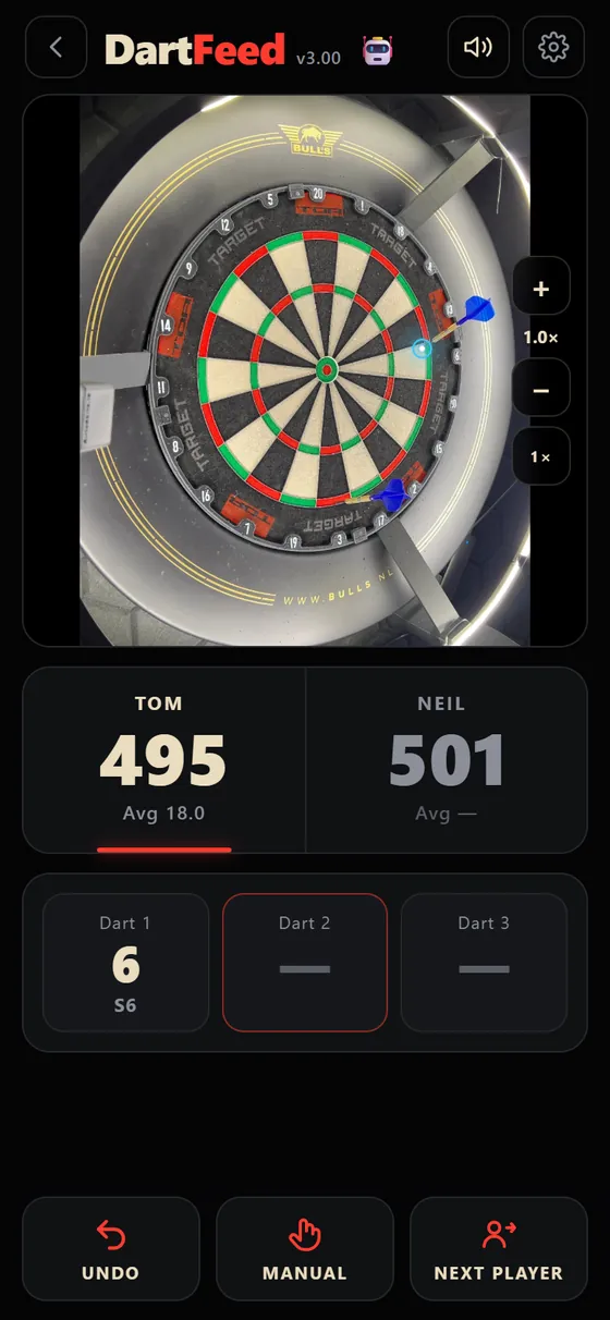 DartFeed scoring a dart with a blue marker on a real dartboard
